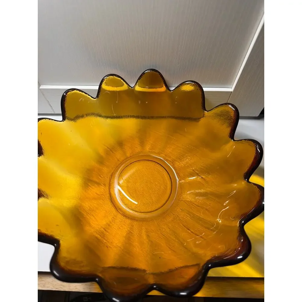 Vintage Blenko Mid-Century Handblown Amber Glass Lotus Petal Centerpiece Bowl